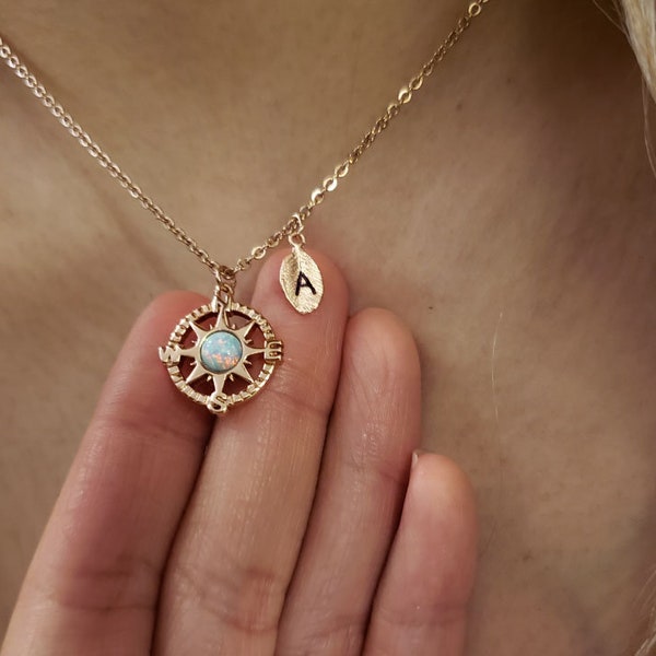 Rose gold Compass Necklace,Blue Opal necklace,traveling necklaces,natural stone necklace,Layering necklace, Bridesmaid Gift, valued gift