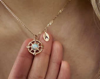 Rose gold Compass Necklace,Blue Opal necklace,traveling necklaces,natural stone necklace,Layering necklace, Bridesmaid Gift, valued gift