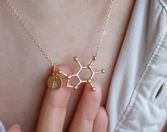 Caffeine Necklace, Coffee Necklace,Caffeine molecule necklace, chemistry necklace, Initial Disc Choker , Hand Stamped Necklace