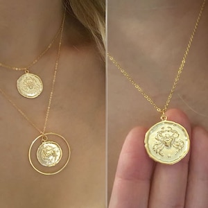 18k gold Zodiac Sign Necklace,Constellation necklaces,Zodiac Medallion necklace,Leo,Virgo,Scorpio,Capricorn,Pisces,Gemini,Taurus,Cancer