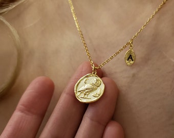 Athena owl coin pendant necklace,18k Owl Medallion Sealing Wax Necklace, kids layered coin greece necklace,Bridesmaid Gift,birthday gift