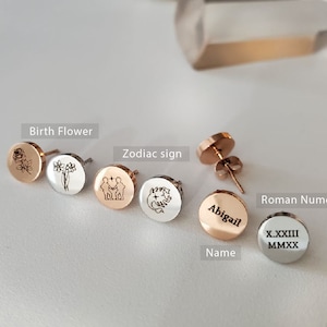 Personalized Birth flower circle earring, Zodiac sign name, Roman Numeral Earrings , Unique Round stud earring ,Bridesmaid Gift, mom gift