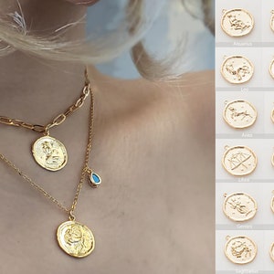 18k gold Zodiac Sign Necklace.Zodiac Medallion necklace.Leo.Virgo.Scorpio.Capricorn.Pisces.Gemini.Taurus.Cancer.birthstone necklace