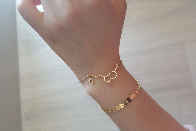 Delicate Serotonin Bracelets,Delicate Molecule Bracelet, birthstone,Initial coin bracelet,Thin Gold Chain,Layering Bracelet ,Bridesmaid Gift image 1