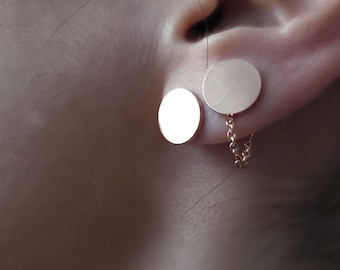 Chaqueta de oreja de luna llena de oro rosa, chaqueta de oreja circular, pendiente de luna, regalo de dama de honor, chaqueta de oreja de cadena, tachuelas de luna, chaqueta de oreja redonda