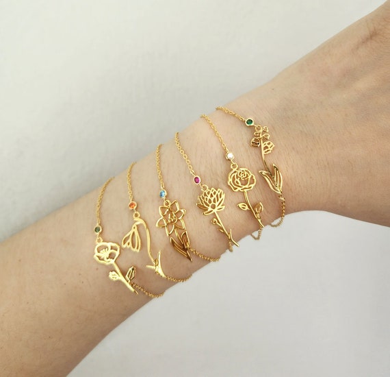 Birthstone Personalized Picture Charm Bracelets Birth Month Flower