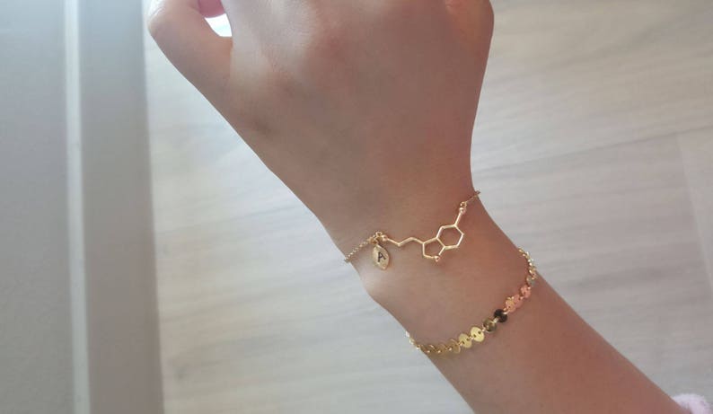 Delicate Serotonin Bracelets,Delicate Molecule Bracelet, birthstone,Initial coin bracelet,Thin Gold Chain,Layering Bracelet ,Bridesmaid Gift image 4