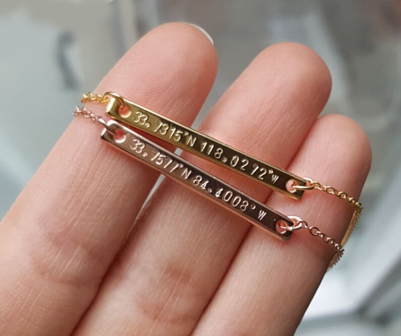 Personalized name bar necklace ,Micro Thin Minimal Coordinates necklace ,Children name necklace for women, Mothers day gift, mother necklace image 2