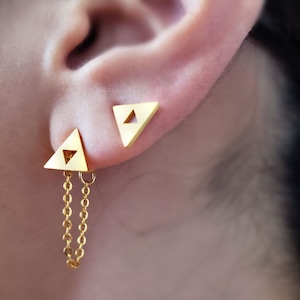 18k gold unbalance Triforce earrings,unbalance earring,threader earring,Triforce ear jacket,Bridesmaid Gift,Chain ear jacket