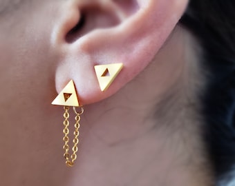 18k gold unbalance Triforce earrings,unbalance earring,threader earring,Triforce ear jacket,Bridesmaid Gift,Chain ear jacket