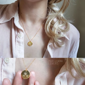 Custom Initial marijuanna Necklace, Initial Coin Necklace, Leaf necklace, Hand Stamped Necklace,Rose gold Necklace, Bridesmaid Gift