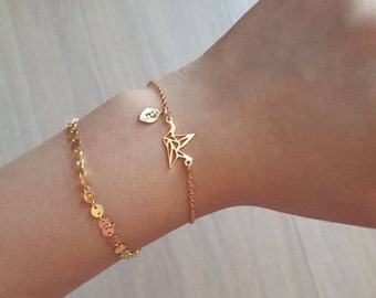 Delicate Petite Origami Bird Bracelets,Delicate origami crane bracelet,Wedding bracelet,Bridesmaid gift,initial bracelet, Layering Bracelet