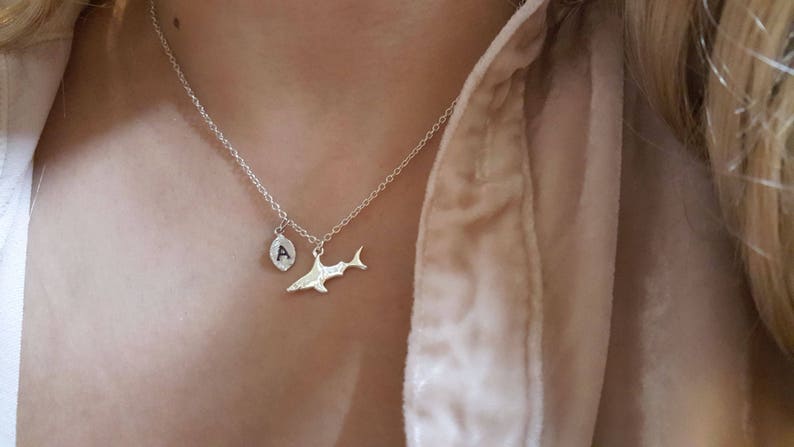 Delicate Petite Shark necklace,Shark necklaces,initial leaf necklace,Layering necklace,Tiny Necklace ,Bridesmaid Gift, valued gift image 1