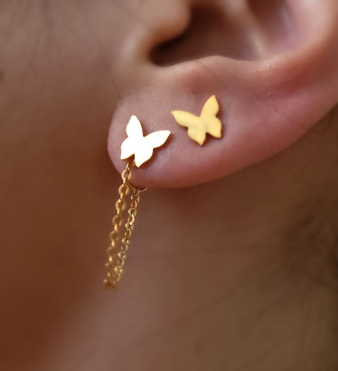 Tiny gold unbalance Butterfly earring,unbalance earring,threader  earring,Butterfly ear jacket,Bridesmaid Gift,Chain ear jacket