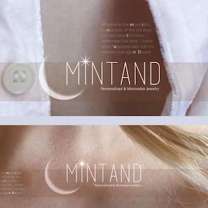 May include: A white background with a crescent moon graphic and the text "MINTAND Personalized & Minimalist Jewelry".
