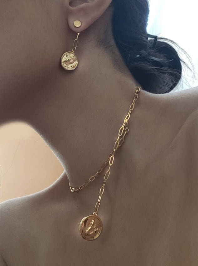 18k gold Athena owl coin pendant earring, gold zodiac earring,Star earring,Disk ear jacket,zodiac ea