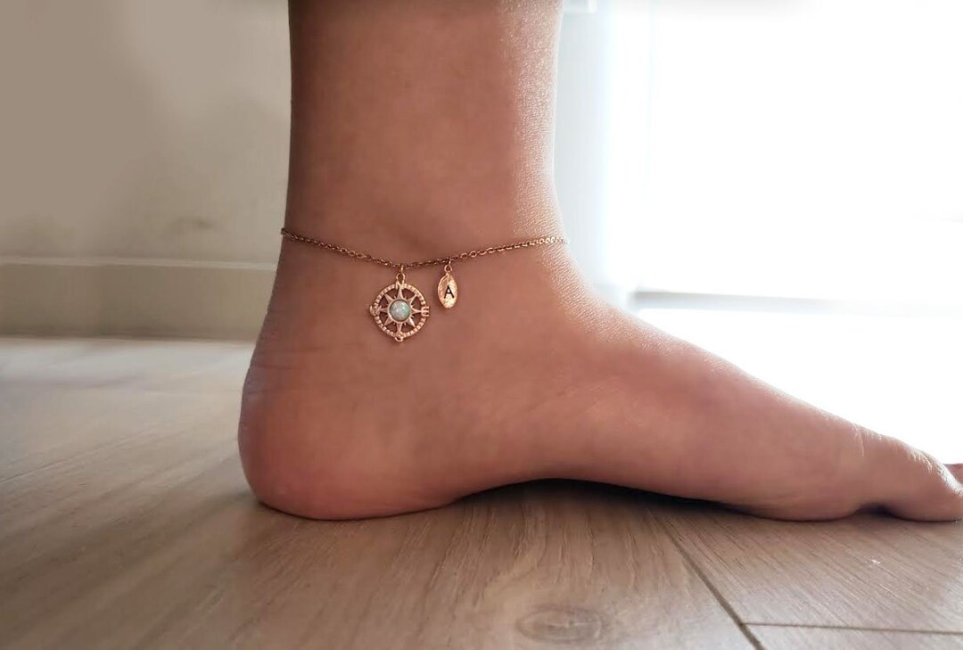 Dainty Rose Gold Compass Anklet, Compass Anklets,delicate Turquoise