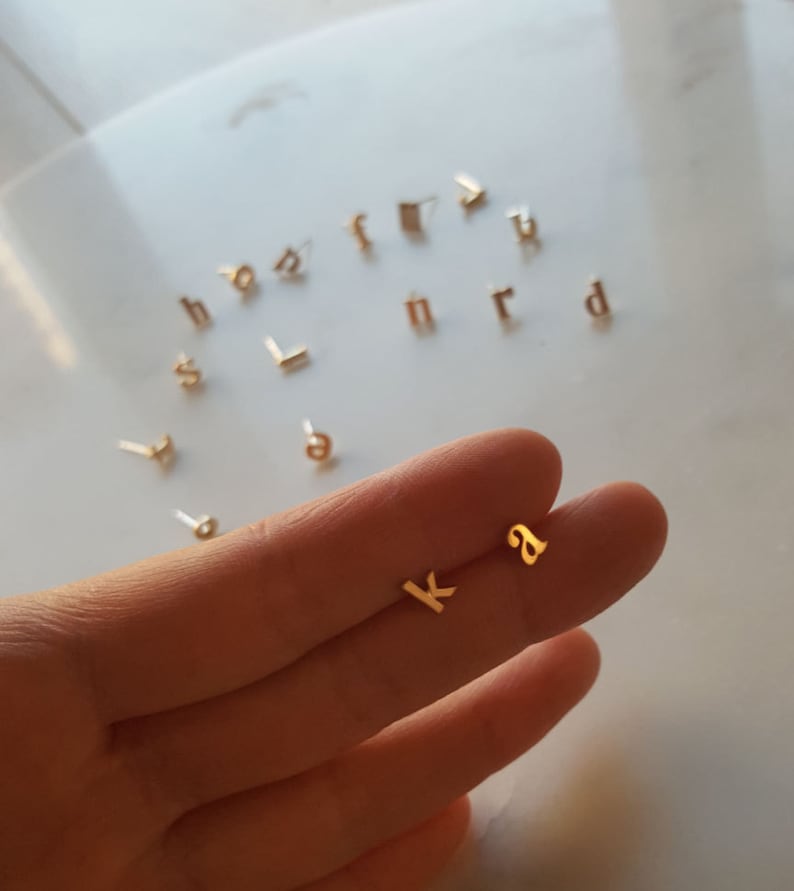 18k Gold Alphabet earring, Lower case stud earring, Alphabet stud, 925 Sterling silver post earring,Initial studs, Initial earrings image 1