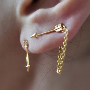 18k gold unbalance Arrow earrings,unbalance earring,threader earring,arrow ear jacket,Bridesmaid Gift,Chain ear jacket