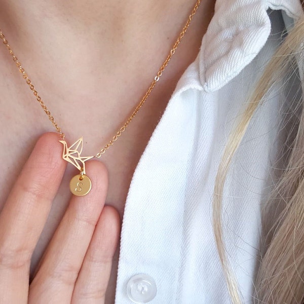 Gold Origami Crane necklace with initial coin, Initial Necklace, initial coin necklace, Origami Necklace ,Bird neckalce,Bridesmaid Gift