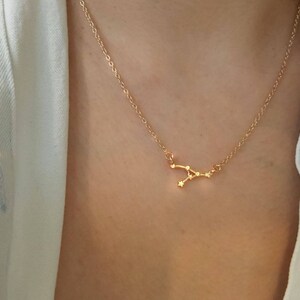May include: A gold chain necklace with a delicate constellation pendant. The pendant is shaped like the constellation Gemini.