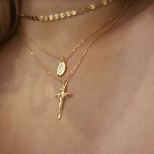 Gold Tiny Virgin Mary Necklace, Cross necklace,Mother Mary necklace,Catholic Necklace,Religious Jewelry, Bridesmaid Gift,mothers day gift