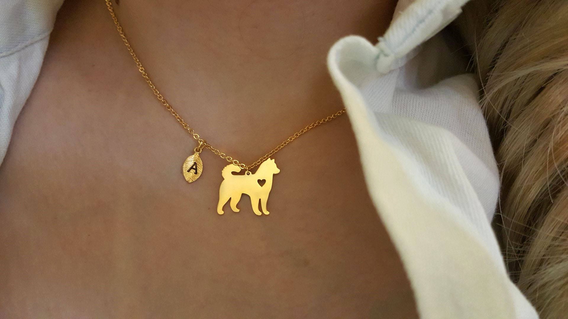繊細なプチシベリアンハスキーネックレス、ハスキーネックレス、重ね 