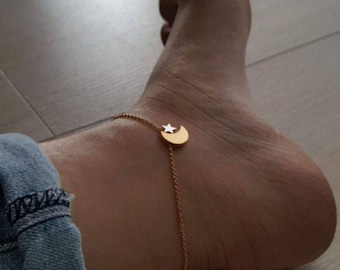 Delicate Petite Moon Star Anklet,  Unique Anklet, star anklet,coin Anklet,Bridesmaid Gift,valued gift,Christmas gifts,good present