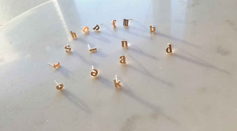 18k Gold Alphabet earring, Lower case stud earring, Alphabet stud, 925 Sterling silver post earring,Initial studs, Initial earrings image 5