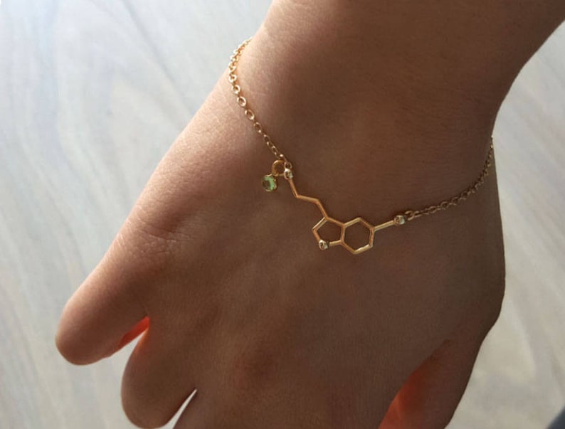 Delicate Serotonin Bracelets,Delicate Molecule Bracelet, birthstone,Initial coin bracelet,Thin Gold Chain,Layering Bracelet ,Bridesmaid Gift image 3