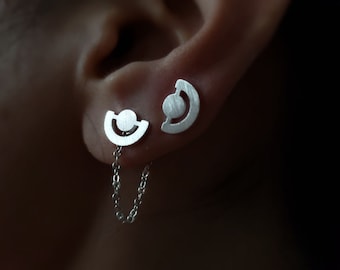 Chaqueta de oreja de luna llena de oro de 18 quilates, chaqueta de oreja circular, pendiente de luna, regalo de dama de honor, chaqueta de oreja de cadena, tachuelas de luna