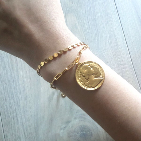 18k Elizabeth bracelet, Medallion bracelet,roman coin bracelet,Disc Bracelet,Coin bracelet,Elizabeth Coin,Bridesmaid Gift,birthday gift