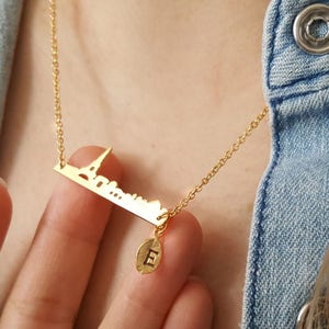 Paris city skyline bar necklace, city necklace,Paris Necklace,initial leaf necklace,France necklace for her ,Bridesmaid Gift,Christmas gift