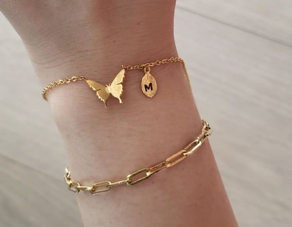 18k Gold Butterfly Bracelets. Custom Dainty Initial Butterfly - Etsy