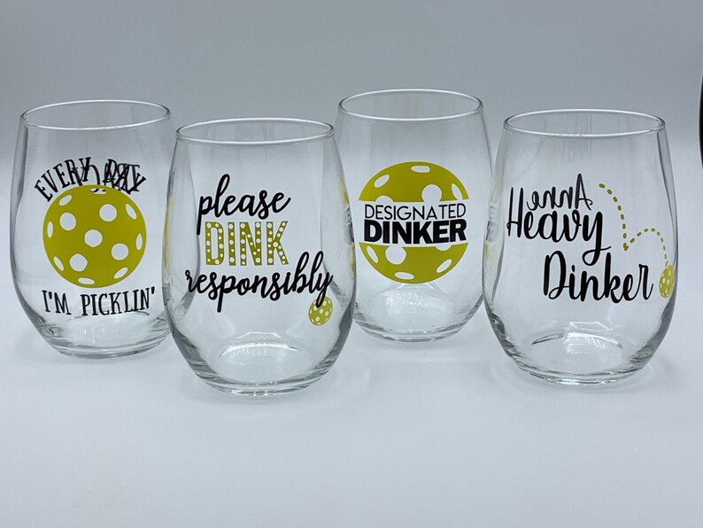 Set of 4 PICKLE BALL Stemless Wine Glasses acrylic or Glass Etsy