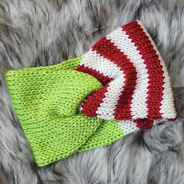 Hand Knit Grinch Earwarmer – Red, White, and Green Twisted Headband