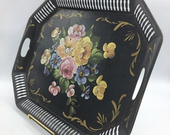 Large Toleware Metal Tray | Vintage Hand-Painted Serving Tray | Floral Tea Serving Tray | Ottoman Tray