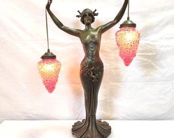 Art Nouveau Goddess Table Lamp with Grape Cluster Glass Globes – Figural Accent Lighting