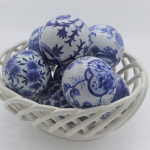Elegant Blue and White Ceramic Chinoiserie Centerpiece Bowl with Orbs - Vintage-Inspired Housewarming Gift