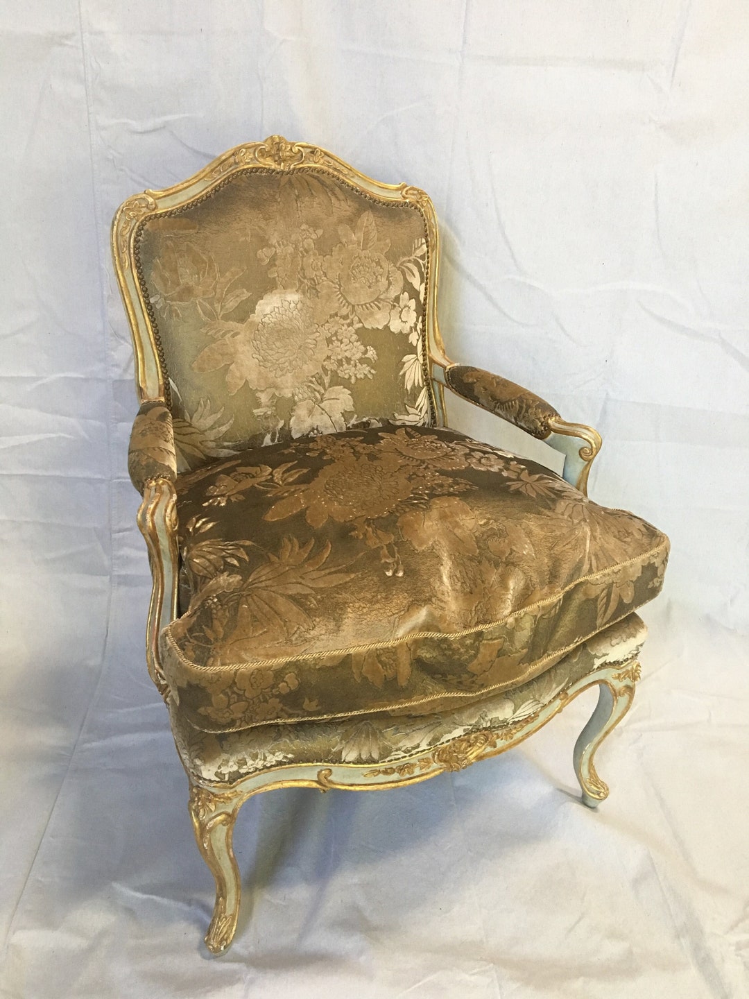 Handcarved French Lounge Chair With Gold Damask Fabric - One-of-a-kind ...