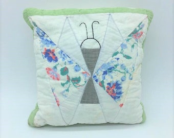 Baby Nursery Pillow | Handstitched Antique Quilt Pillow | Butterfly Pillow