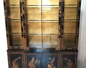 Vintage Drexel Heritage Et Cetera Chinoiserie Black Lacquer China Cabinet / Bookcase