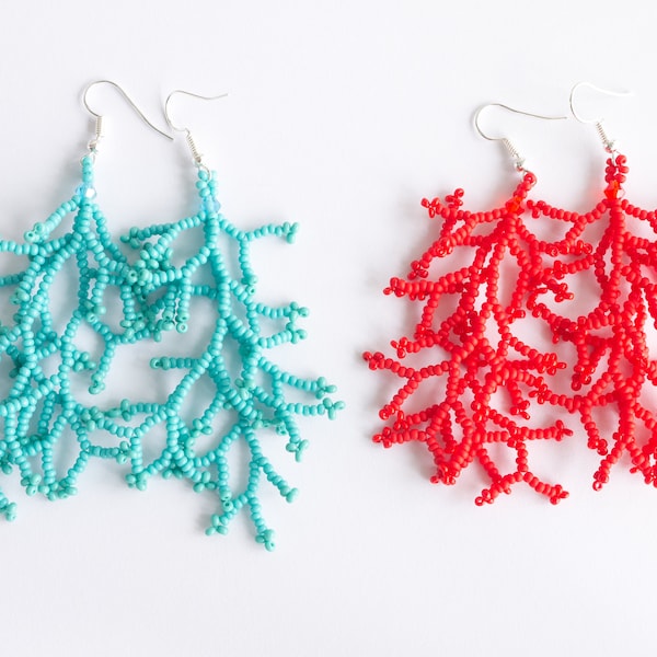 Pendientes de flecos de coral rojo - Ramas de coral con cuentas de semillas - Pendiente de sirena de diseño de coral turquesa - Joyería del océano - Regalo del mar para las mujeres