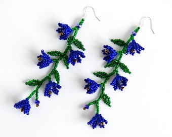 Long Beaded Dangle Earrings, Forest Green Earrings Blue Flowers, Seed Bead Leaf Earrings, Statement Earrings, Creative Beadwork Gift For Her