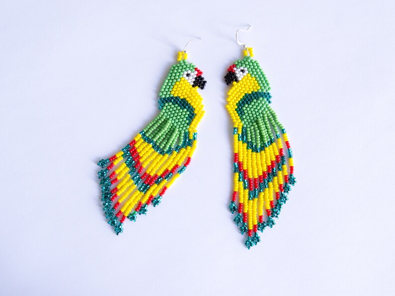 Colorful Parrot Earrings Beaded Long Green Bird Earrings Etsy