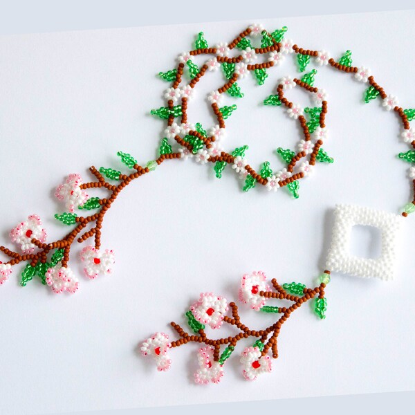 Sakura Cherry blossom beaded necklace,  Japanese style flower sotuar, Handmade floral lariat, pink white green brown, no metal, Boho tie