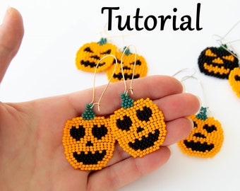Beading pattern HALLOWEEN PUMPKIN, Beading tutorial Seed bead earrings with Basic Instructions How to make Beaded earrings, beadwork pattern