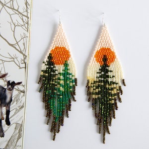 Landscape Beaded Earrings with Carpathian Spruce, Shoulder Duster earrings, Green Brown Forest Fringe earrings, Mismatch Sun Gift for her