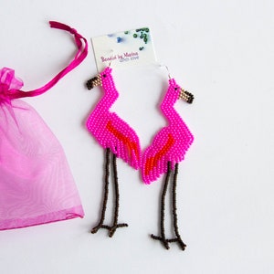 Flamingo Earrings - Long Dangle Bird Earrings - Tropical Beach Jewelry - Hot Pink Summer Earrings - Statement Gift for Women - lightweight