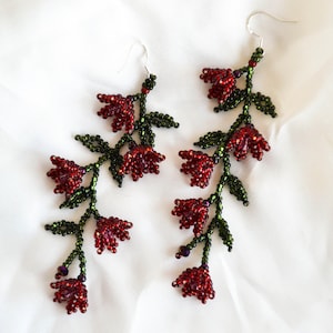 Long Beaded Dangle Earrings, Forest Green Earrings Red Flowers, Seed Bead Leaf Earrings, Statement Earrings, Creative Beadwork Gift For Her